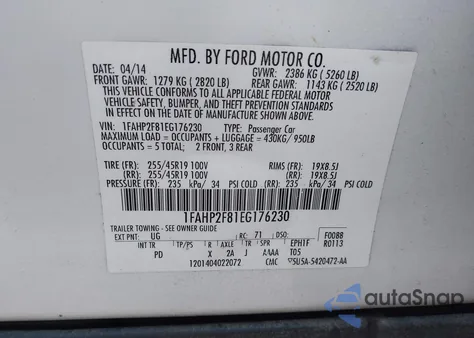 2014 Ford Taurus Limited из США, поврежденный, VIN 1FAHP2F81EG176230